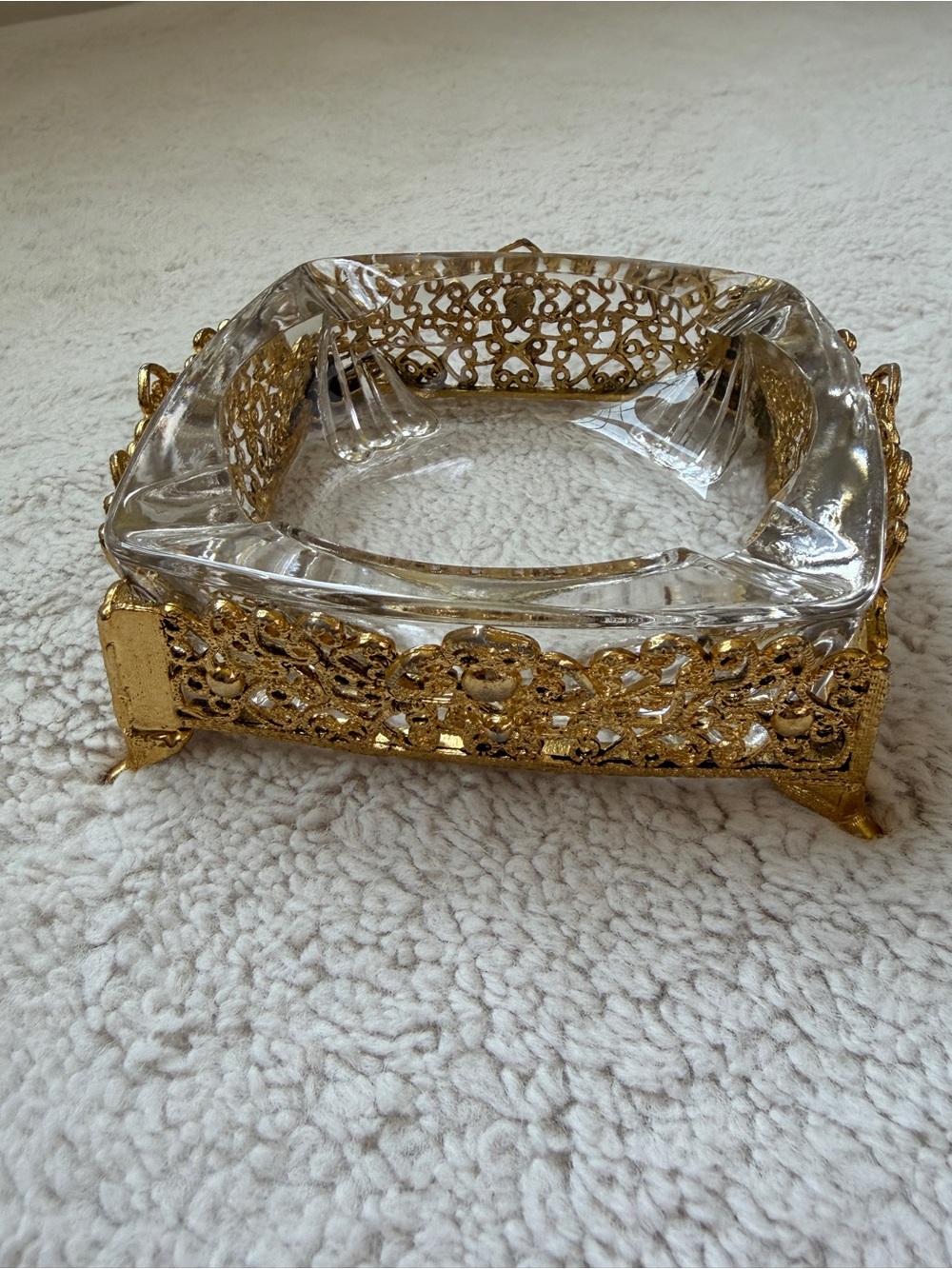 Vintage Ashtray With Gold Tone Ormolu Filigree Footed Stand Hollywood Regency